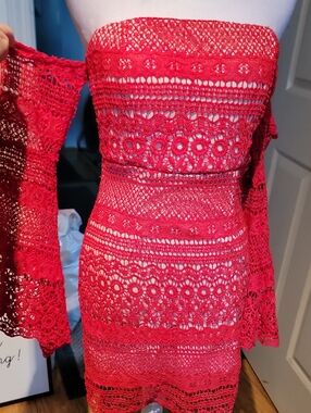 Larltiste Strapless Red Crochet Lace Bodycon Dress W Off Shoulder Arms